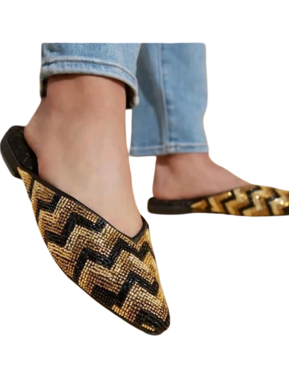 Birdies Swan Deco Gold & Black Beaded Chevron Mules Size 8 NWOT